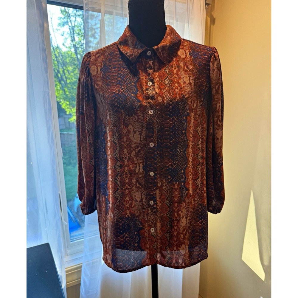 Nanette Lepore Women's L Snake Print Button-Front Collared 3/4 Sleeve Blouse